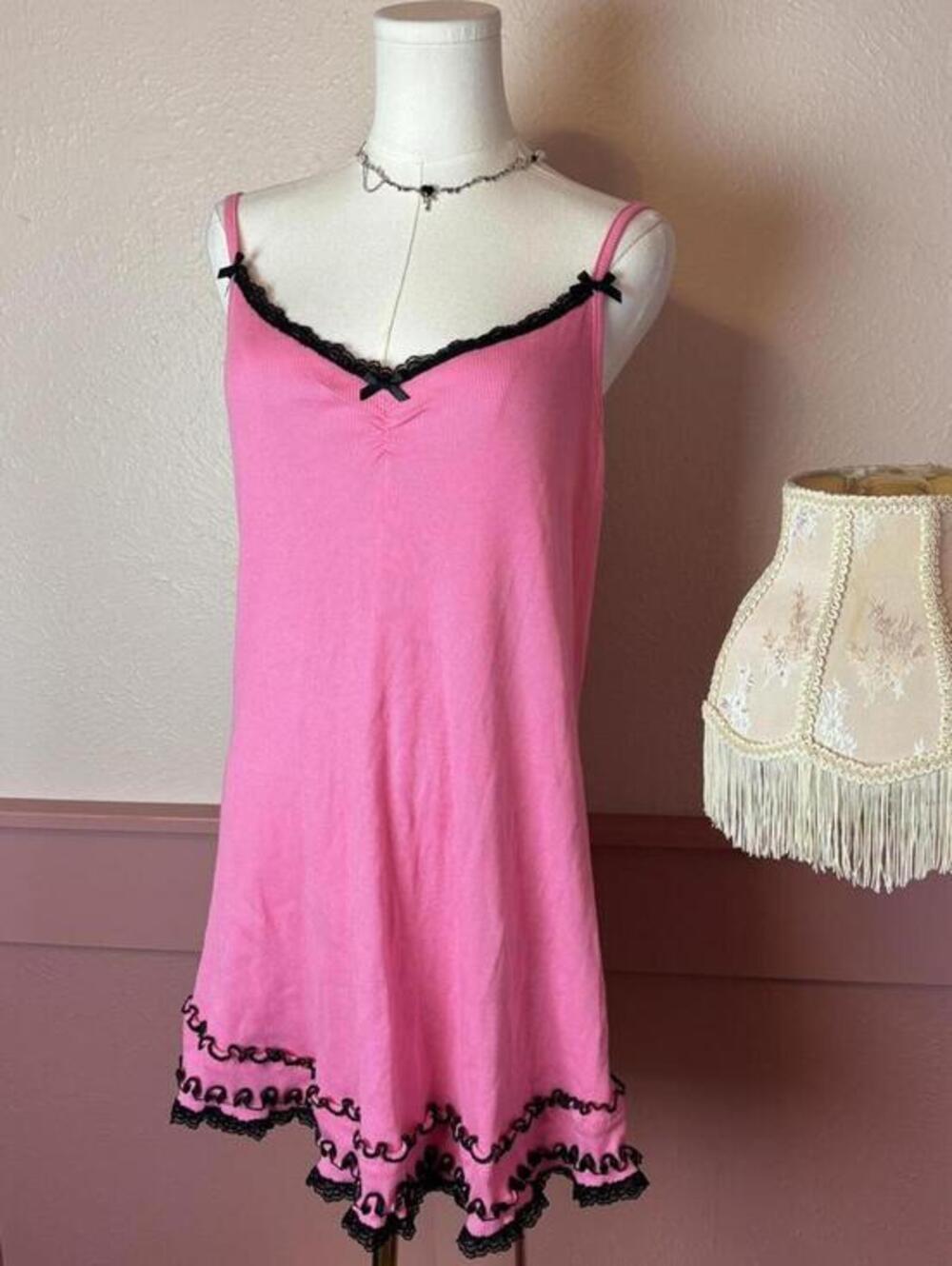 babydoll coquette ruffle frill mini dress  steve pink black sz large cotton y2k